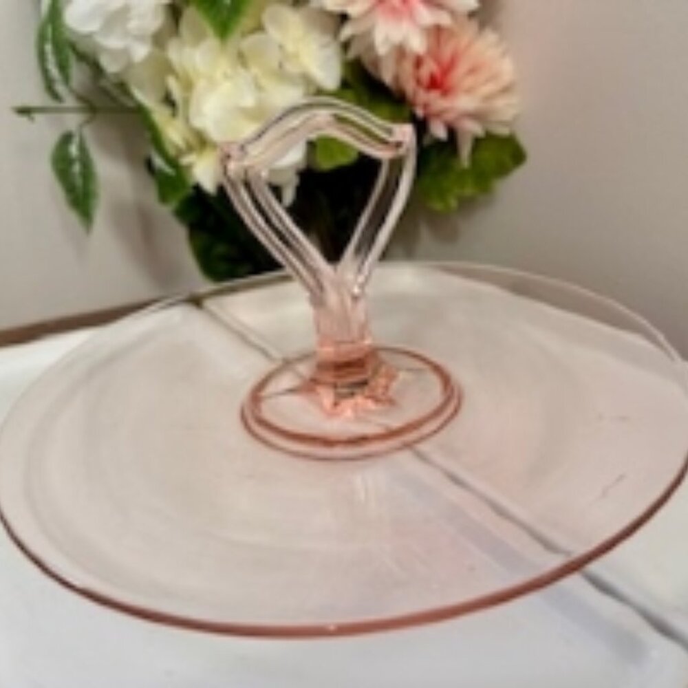 Pink Depression Glass Sandwich Plate – Vintage Handled Serving Tray 1930s Plain‎
